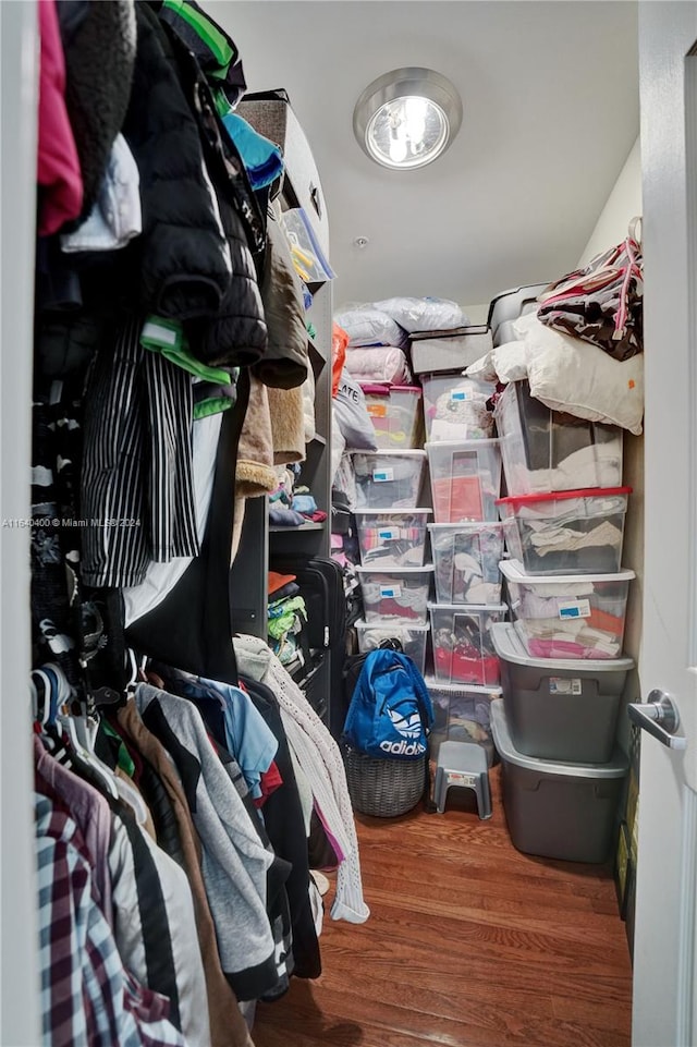 walk in closet with wood-type flooring