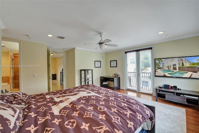 bedroom featuring visible vents, ornamental molding, wood finished floors, access to exterior, and recessed lighting