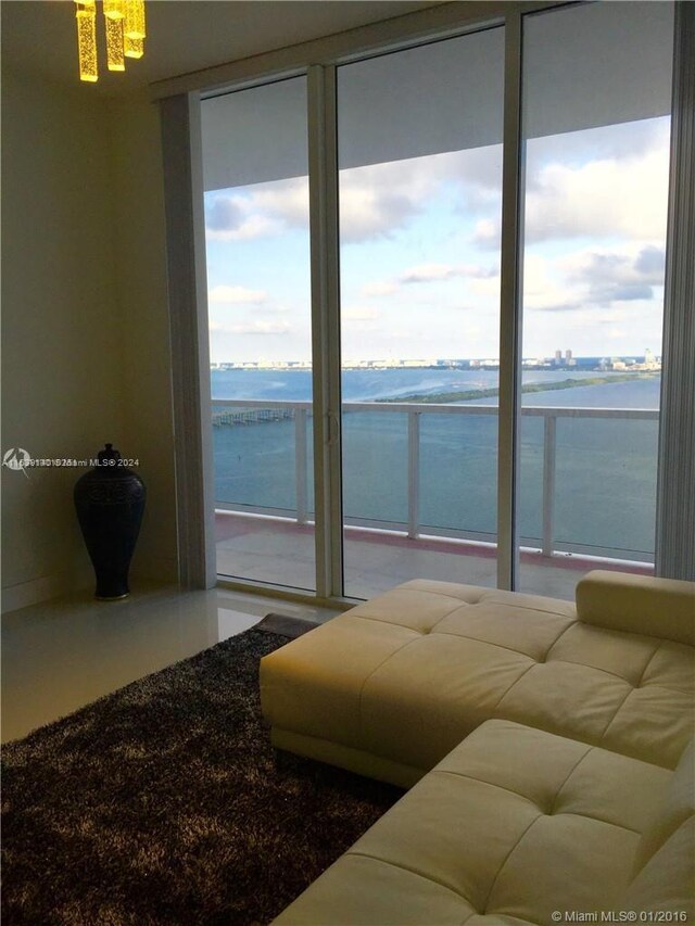 living room with a water view and a healthy amount of sunlight