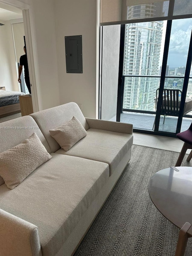 living room with a wall of windows and electric panel