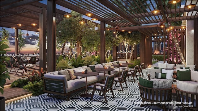 patio terrace at dusk with an outdoor living space and a pergola