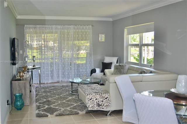 living room with tile patterned floors and crown molding