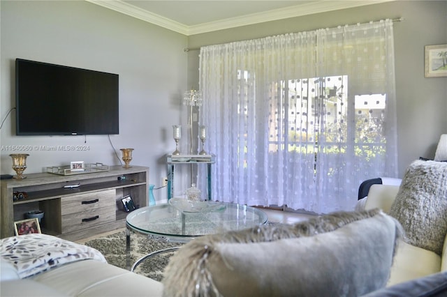 living room with ornamental molding