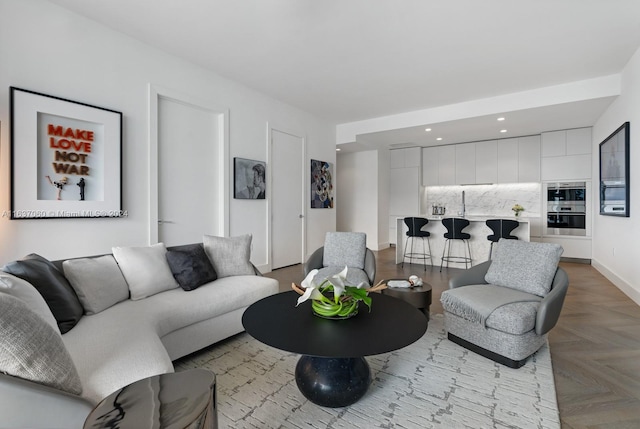 living room featuring light parquet flooring