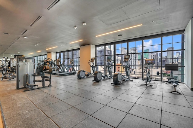 gym with floor to ceiling windows