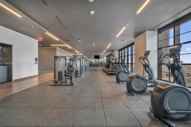 workout area featuring hardwood / wood-style flooring