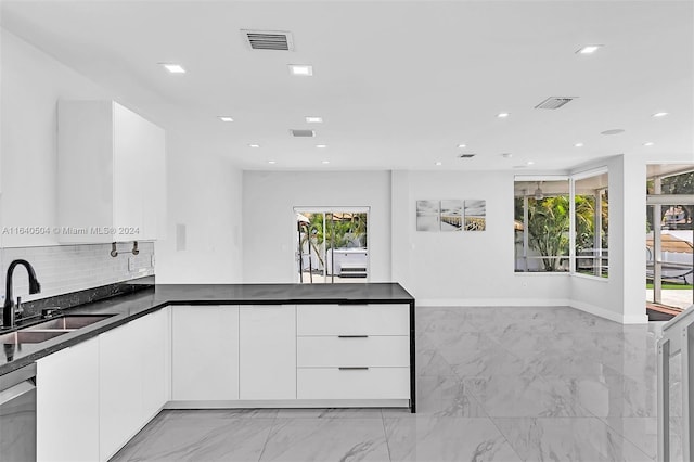 kitchen featuring white cabinets, backsplash, sink, and kitchen peninsula