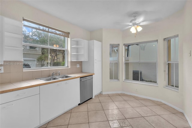 kitchen with sink, decorative backsplash, tile counters, dishwasher, and ceiling fan