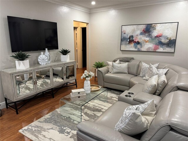 living room with wood-type flooring and crown molding