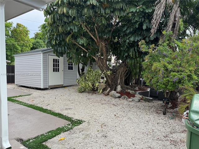 view of yard featuring a shed and a patio area