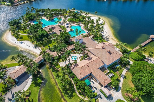 birds eye view of property featuring a water view