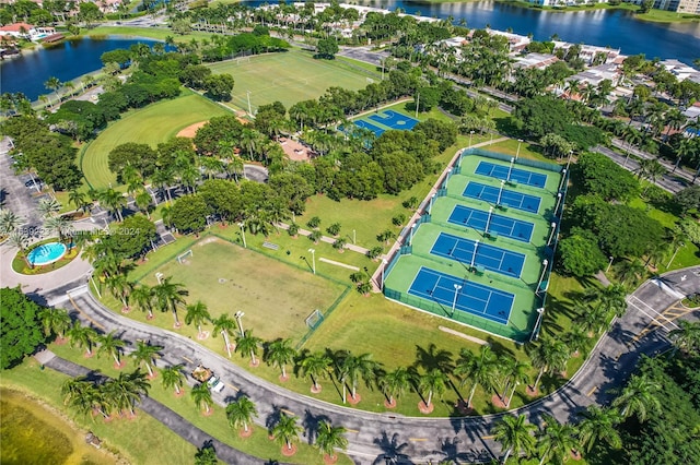 drone / aerial view with a water view