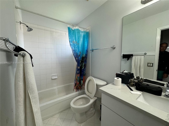 full bathroom featuring shower / bath combo with shower curtain, toilet, tile patterned floors, and vanity