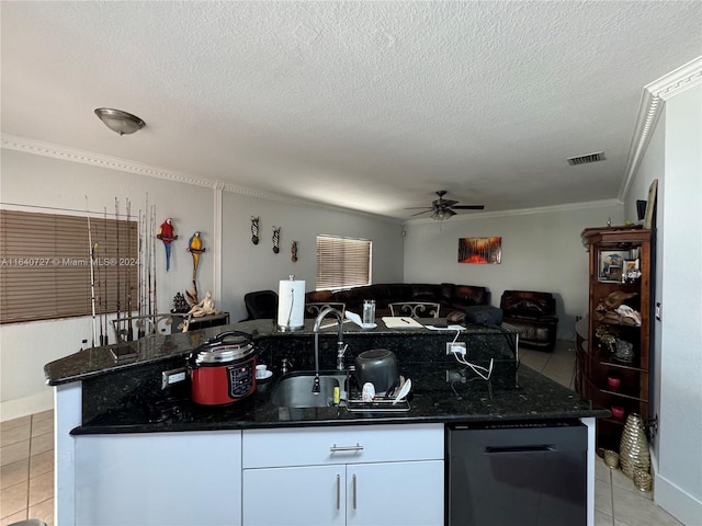 kitchen with ceiling fan, white cabinets, dark stone countertops, and stainless steel dishwasher