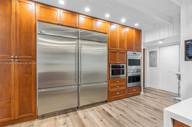 kitchen featuring light hardwood / wood-style floors, appliances with stainless steel finishes, beam ceiling, wood ceiling, and electric panel