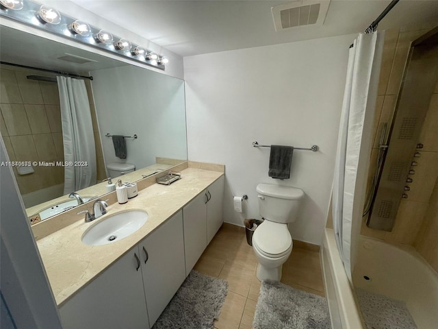 bathroom featuring visible vents, toilet, shower / bath combo, tile patterned flooring, and vanity