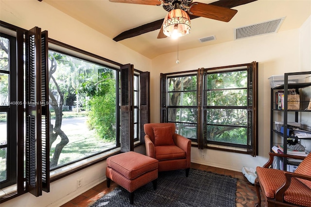 living area featuring ceiling fan and a wealth of natural light