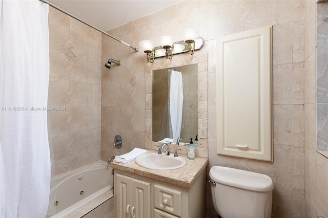 full bathroom featuring vanity, shower / bathtub combination with curtain, toilet, and tile walls