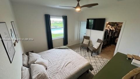 carpeted bedroom featuring ceiling fan, a walk in closet, and a closet