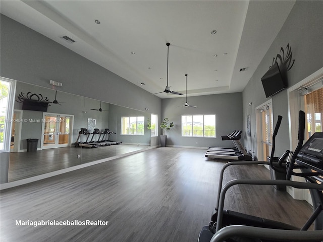 exercise room featuring a raised ceiling, ceiling fan, french doors, a towering ceiling, and hardwood / wood-style flooring