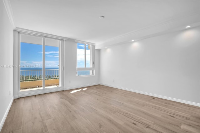 unfurnished room featuring light wood-type flooring, crown molding, a water view, and a wealth of natural light