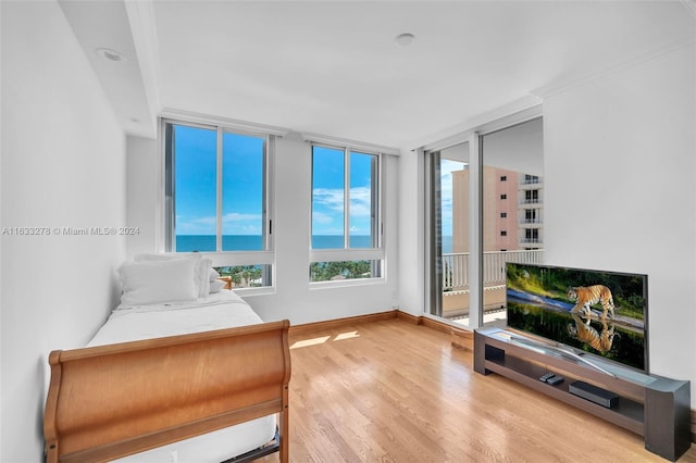 bedroom featuring floor to ceiling windows and light hardwood / wood-style floors