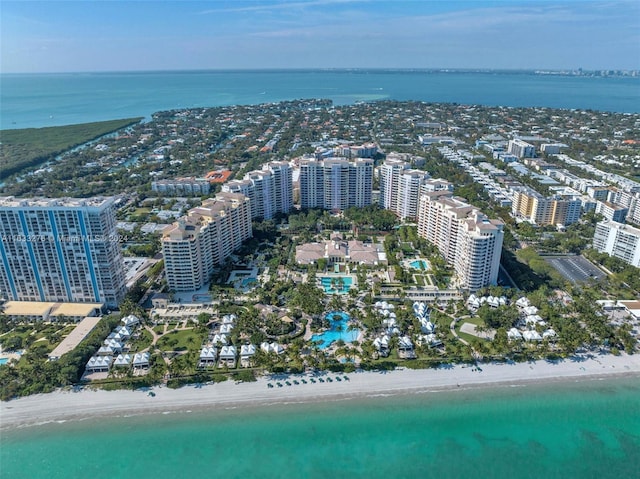 drone / aerial view with a view of the beach and a water view