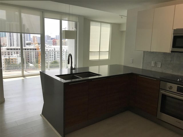 kitchen with plenty of natural light, tasteful backsplash, sink, and stainless steel appliances