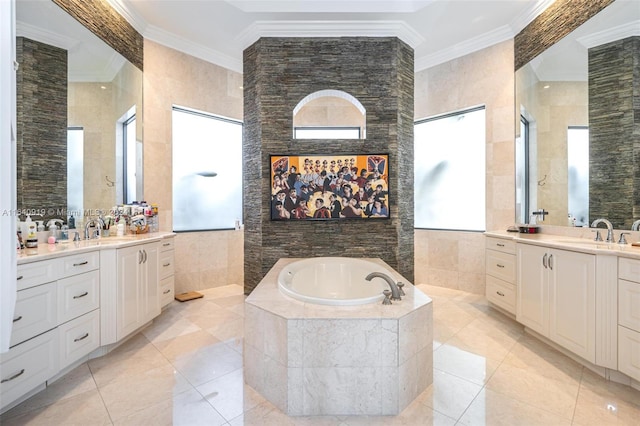 bathroom featuring tile patterned floors, double sink vanity, a relaxing tiled tub, and ornamental molding