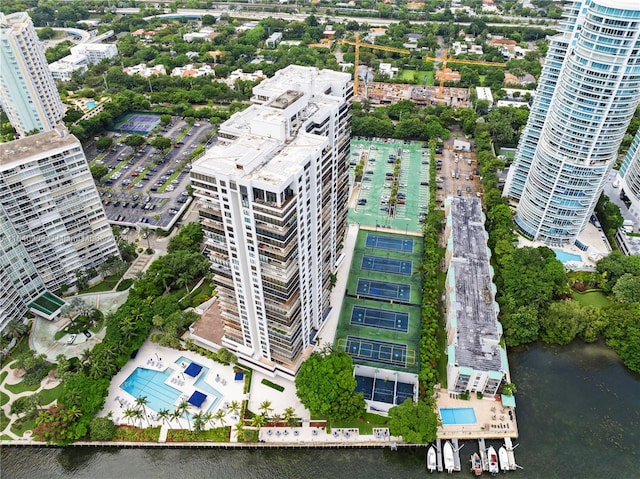 bird's eye view with a water view