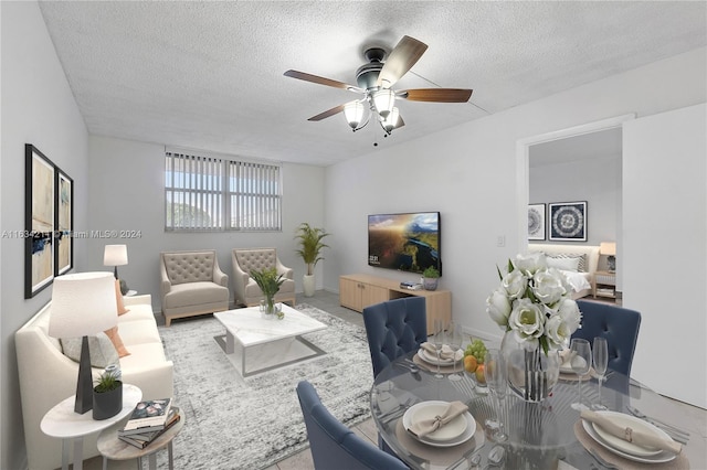 living room with ceiling fan and a textured ceiling