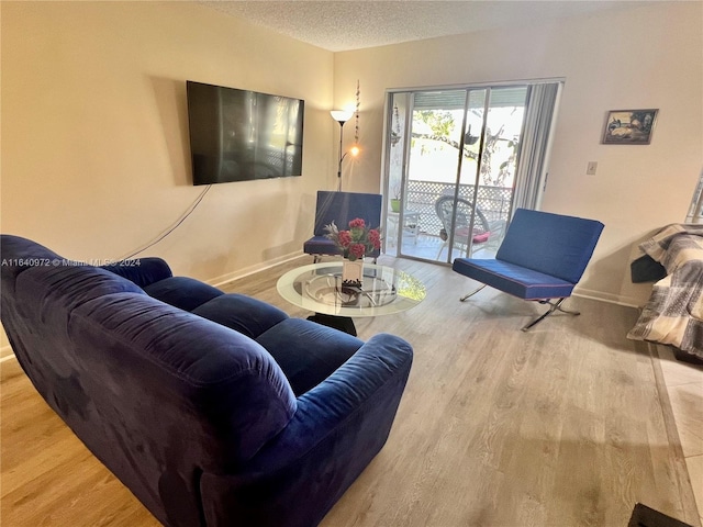 living room featuring a textured ceiling and light hardwood / wood-style floors