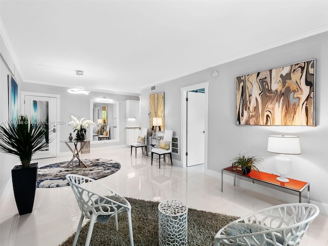 tiled living room with ornamental molding