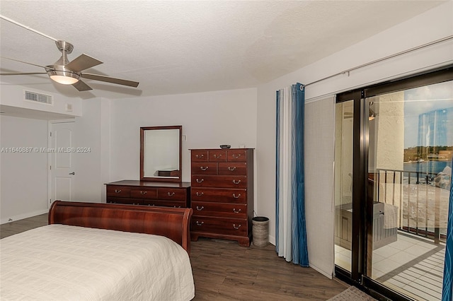 bedroom featuring ceiling fan, access to exterior, wood-type flooring, and a textured ceiling