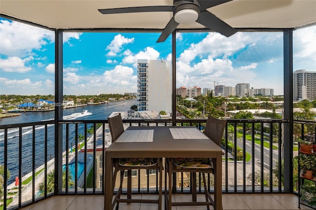 balcony featuring ceiling fan and a water view