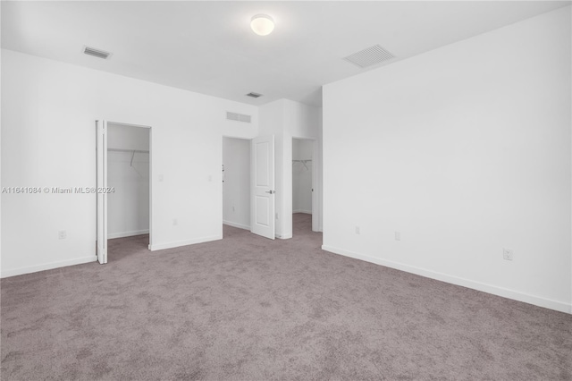 unfurnished bedroom featuring a walk in closet, carpet flooring, and a closet