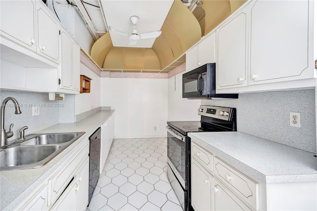 kitchen with sink, white cabinetry, stainless steel electric range, dishwashing machine, and decorative backsplash