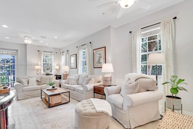 living room with ceiling fan