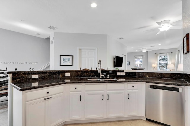 kitchen featuring dishwasher, ceiling fan, sink, and white cabinets