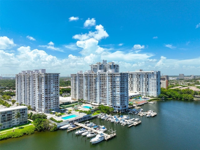 drone / aerial view featuring a water view