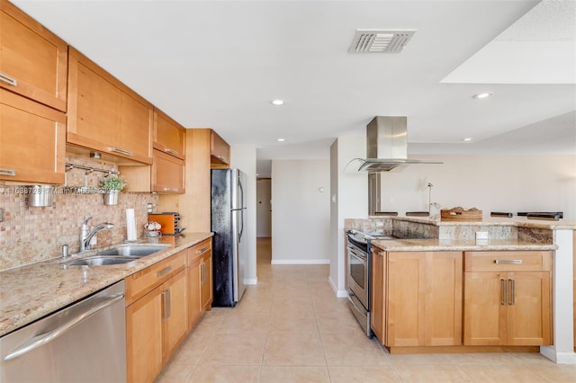 kitchen featuring ventilation hood, light stone counters, sink, and appliances with stainless steel finishes