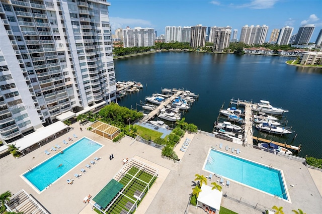 drone / aerial view with a water view