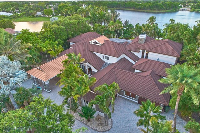 drone / aerial view with a water view