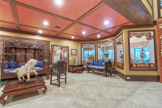 2941 Paddock Ln, Weston, FL 33331 - living room with recessed lighting, ornamental molding, coffered ceiling, and marble finish flooring