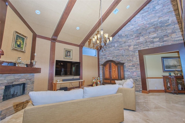 tiled living room featuring beam ceiling, a notable chandelier, high vaulted ceiling, and a fireplace