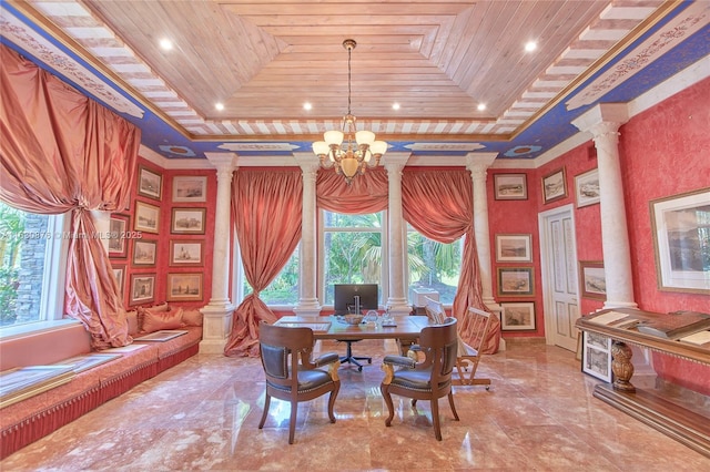 2941 Paddock Ln, Weston, FL 33331 - dining room with a raised ceiling, decorative columns, plenty of natural light, a chandelier, and wood ceiling