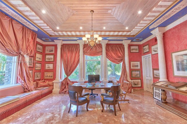 interior space with coffered ceiling and light tile patterned floors