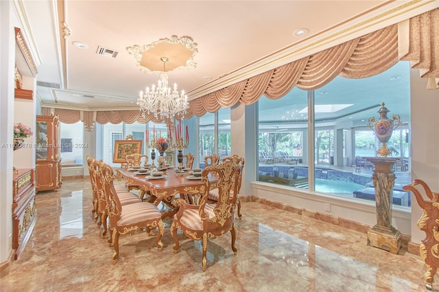 dining space featuring ornamental molding, light tile patterned floors, a tray ceiling, and a chandelier