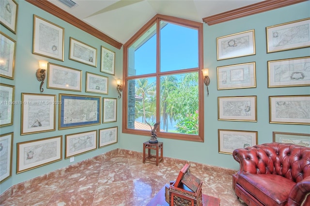 2941 Paddock Ln, Weston, FL 33331 - living area with ornamental molding and vaulted ceiling