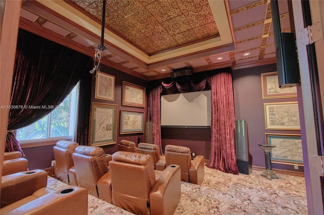 2941 Paddock Ln, Weston, FL 33331 - carpeted home theater room with a raised ceiling, crown molding, and baseboards
